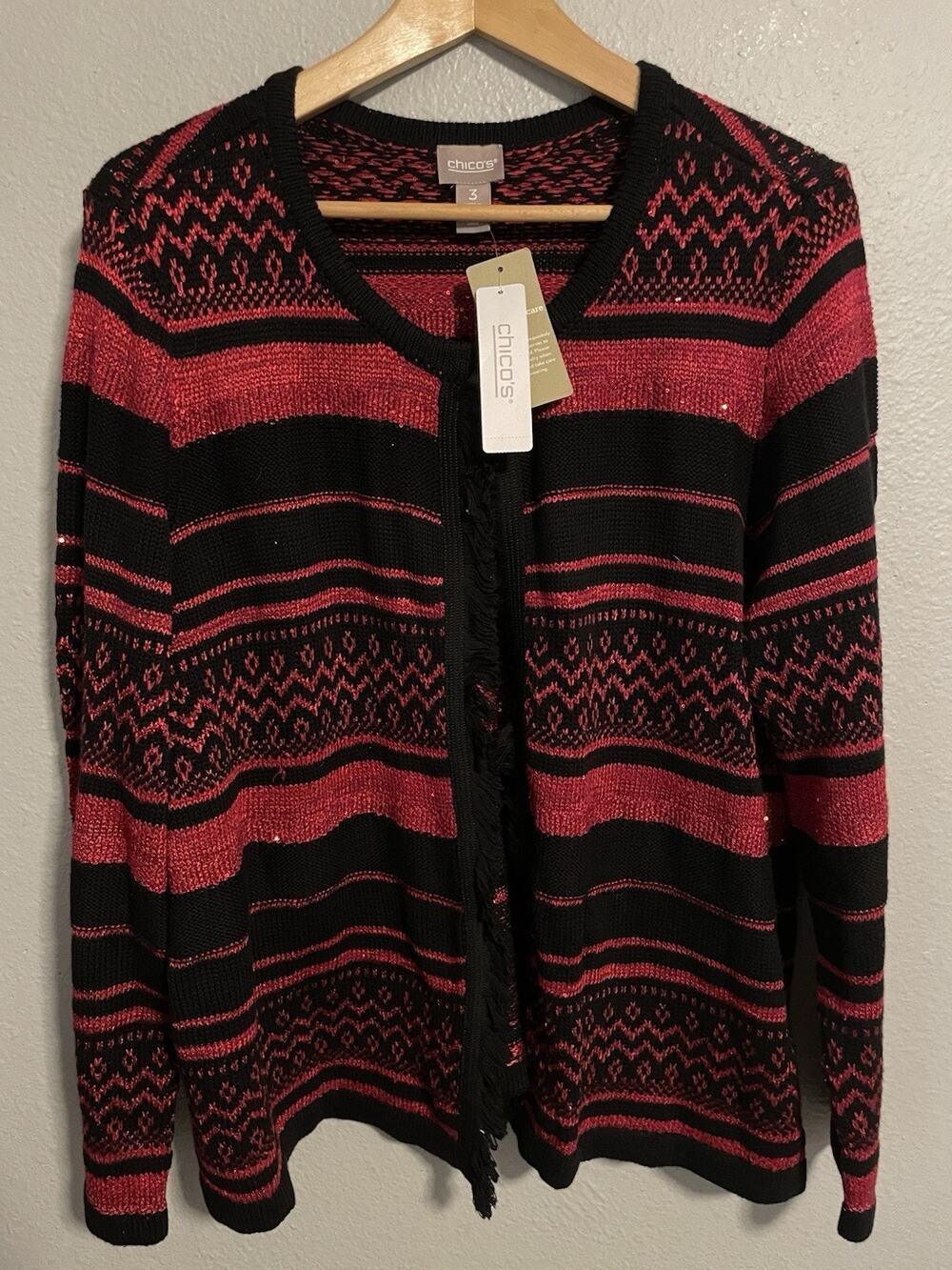 Chicos Womens Cardigan Size 3 US XL Red Black Geometric Fringe Boho Holiday NWT